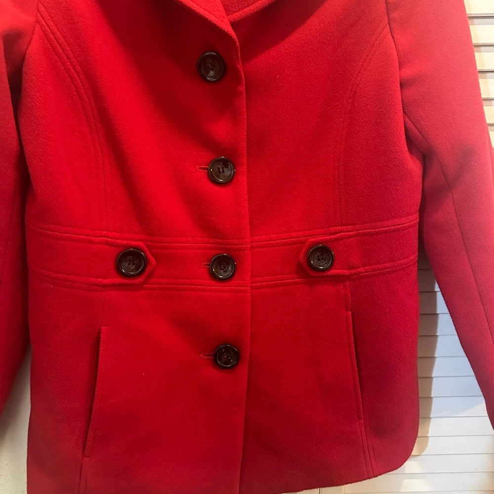 JM Collection Vibrant Red Pea Coat - Picture 2 of 5
